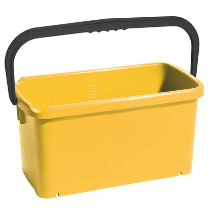 Kwadratowe wiadro od Haug Bürsten KG z polipropylenu (PP), o pojemności 20L (480x235x230mm), wyróżnia się żółtym kolorem z czarną, zakrzywioną rączką, gładką powierzchnią i wewnętrznymi oznaczeniami do łatwego pomiaru.