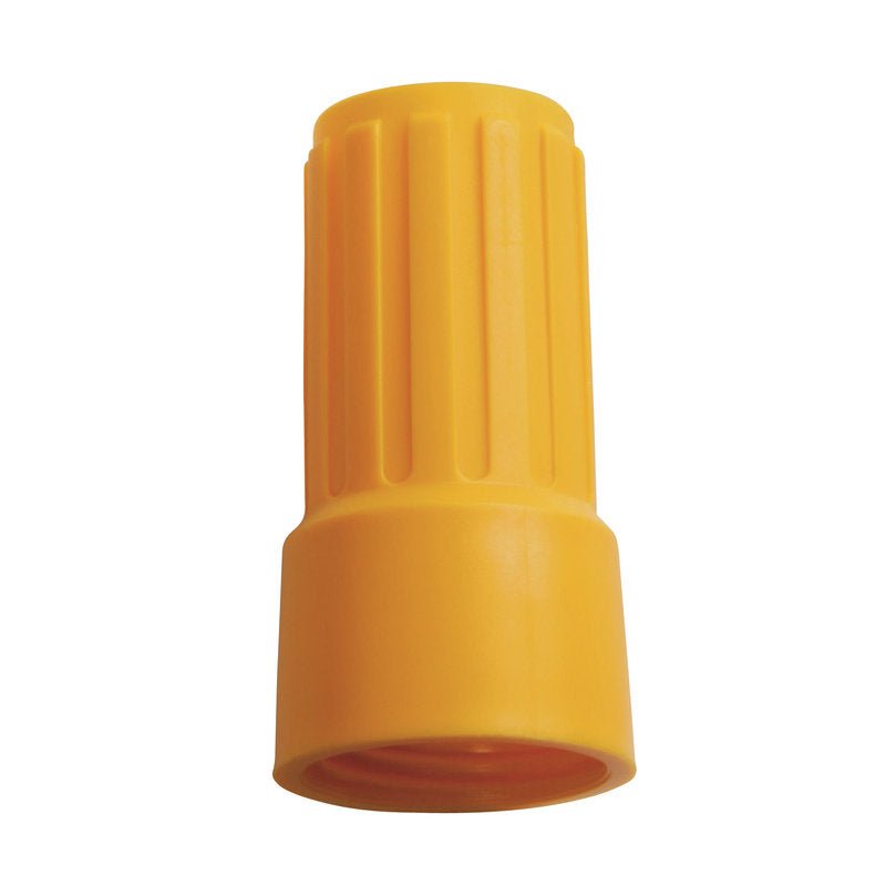 Nakrętka nakręcana NA ADAPTER E1100019 od Haug Bürsten KG to żółty łącznik z tworzywa sztucznego o żebrowanej cylindrycznej formie i zamkniętym końcu, używany do bezpiecznych połączeń przewodów elektrycznych.