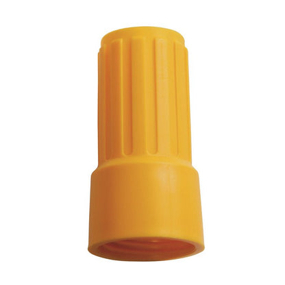 Nakrętka nakręcana NA ADAPTER E1100019 od Haug Bürsten KG to żółty łącznik z tworzywa sztucznego o żebrowanej cylindrycznej formie i zamkniętym końcu, używany do bezpiecznych połączeń przewodów elektrycznych.