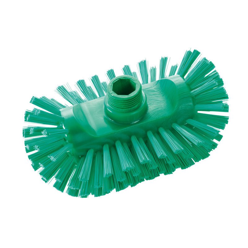 KG KESSELBÜRSTE Haug Bürsten (ø 0,50mm, twarda, 200x125x35mm) posiada twarde włosie, które jest gęsto rozmieszczone wokół zielonej, owalnej krawędzi głowicy, oraz centralny otwór gwintowany do mocowania trzonka - perfekcyjna do czyszczenia czajników.