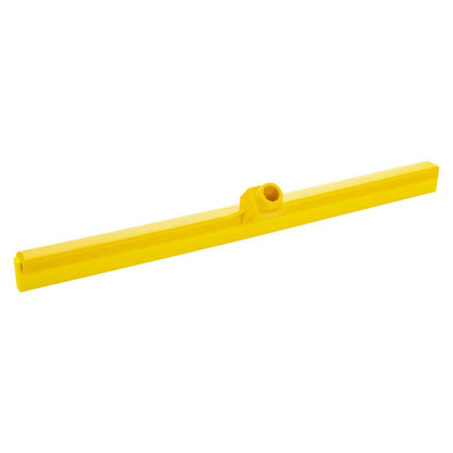Haug Bürsten KG ZGARNIACZ WODNY, DO ŻYWNOŚCI, 1-WARGOWY, 620X35X25MM to żółty plastikowy zbierak z centralnym mocowaniem uchwytu, idealny do higienicznego czyszczenia w przemyśle spożywczym, przedstawiony na białym tle.