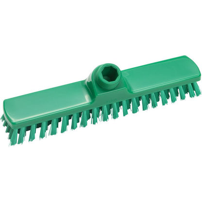 Wycieraczka, ø 0,50 MM TWARDY, 280X50X26 MM od Haug Bürsten KG to zielona plastikowa głowica szczotki z sztywnymi włosiem i nasadką na trzonek. Prostokątny kształt i podwójne rzędy włosia czynią ją idealną do zadań sprzątania w domu.