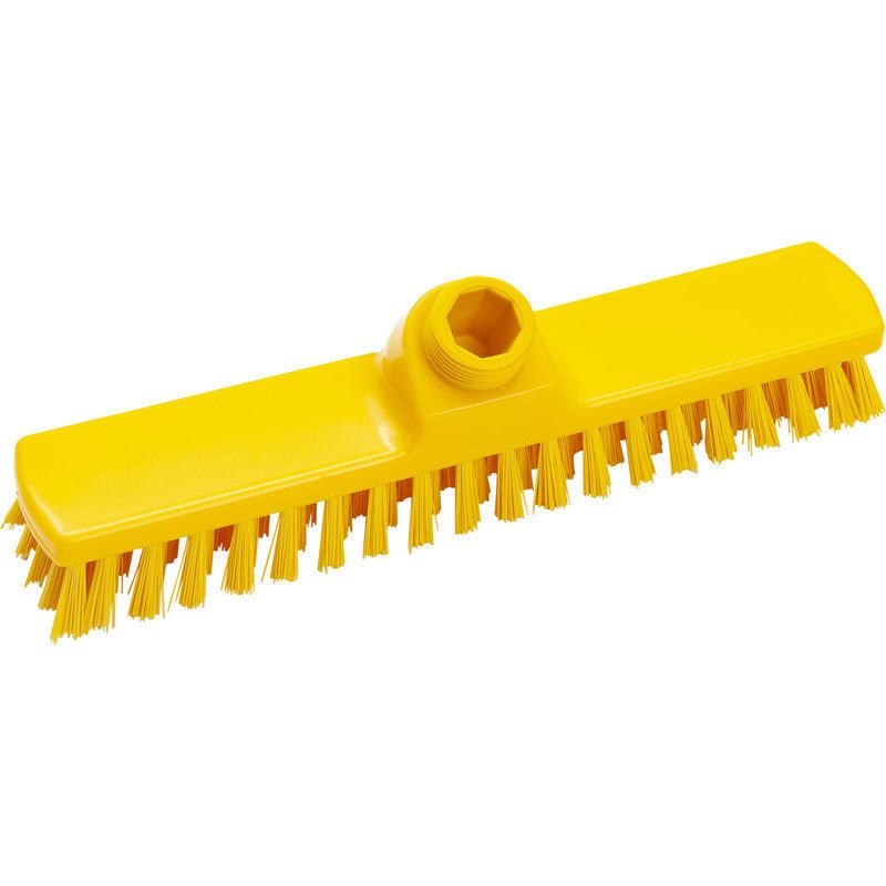 Wycieraczka, ø 0,50 MM TWARDY, 280X50X26 MM od Haug Bürsten KG to żółta, prostokątna głowica szczotki z sztywnymi włosiem i centralnym gniazdem do mocowania trzonka, idealna do sprzątania domowego. Przedstawiona czysta na białym tle.