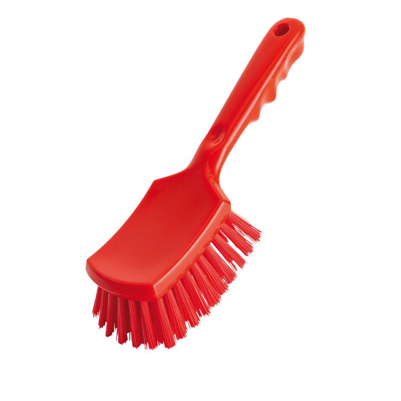Haug Bürsten KG STIELBÜRSTE, Ø 0,50MM TWARDY (260x72x35mm), posiada czerwony plastikowy uchwyt i solidne włosie, przedstawiona na białym tle.