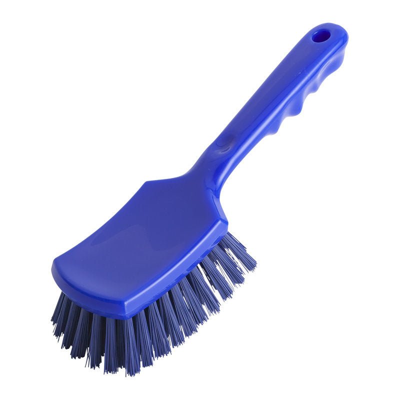 STIELBÜRSTE (Ø 0,50mm twardy, 260x72x35mm) od Haug Bürsten KG to niebieska szczotka czyszcząca z zakrzywionym plastikowym uchwytem, solidnym włosiem i otworem do zawieszenia, przedstawiona na białym tle.