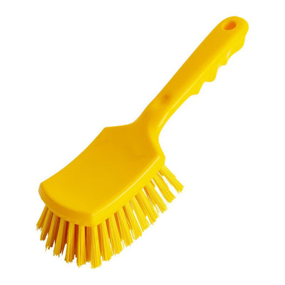 Haug Bürsten KG STIELBÜRSTE, Ø 0,50MM TWARDY (260x72x35mm), to żółta plastikowa szczotka czyszcząca z solidnym włosiem, ergonomicznym uchwytem na palce i oczkiem do zawieszenia.