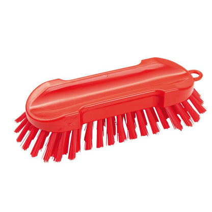 WASCHBÜRSTE RUND, PBT HART 205x65x30mm od Haug Bürsten KG ma twarde czerwone włosie i wytrzymały czerwony uchwyt z tworzywa sztucznego z małym oczkiem do zawieszania - idealna do czyszczenia powierzchni.