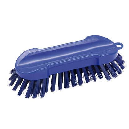 Szczotka do prania OKRĄGŁA, TWARDA 205X65X30MM od Haug Bürsten KG, niebieski plastikowy szorak z twardym włosiem i zakrzywionym uchwytem, jest przedstawiona na białym tle - idealna do zadań czyszczących.