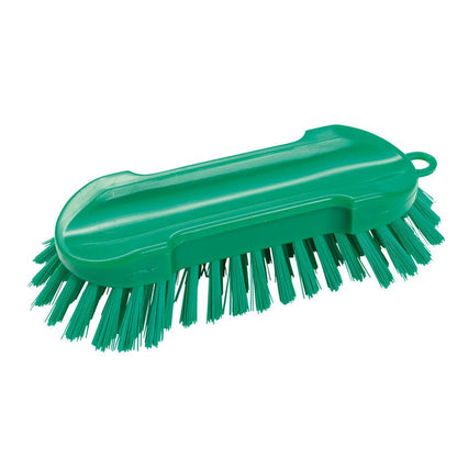 Szczotka do prania OKRĄGŁA, TWARDA 205X65X30MM od Haug Bürsten KG to zielona ręczna szczotka z twardym włosiem, ergonomicznym plastikowym uchwytem i pętlą do zawieszania - doskonała do zadań czyszczących.