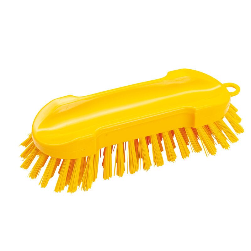 Szczotka do prania Haug Bürsten KG OKRĄGŁA, TWARDA 205X65X30MM to żółty plastikowy szorak z twardym włosiem na spodzie i bokach, idealny do czyszczenia różnych powierzchni.