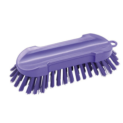 Szczotka do prania Haug Bürsten KG OKRĄGŁA, TWARDA 205X65X30MM to fioletowa szczotka z twardym włosiem, ergonomicznym plastikowym uchwytem i pętlą do zawieszania. Jest idealna do dokładnego czyszczenia i jest przedstawiona na białym tle.