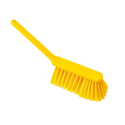 Przedstawiony jest żółty plastikowy HANDBESEN, PBT SZCZELINOWY ø 0,25MM miękki, 310x40x50mm od Haug Bürsten KG z długim uchwytem na białym tle.