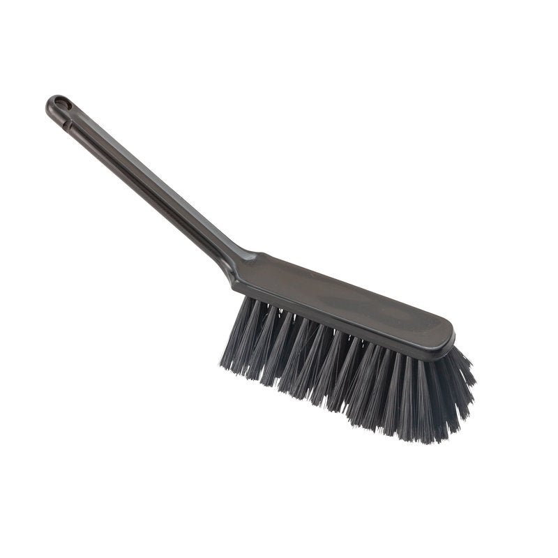 Haug Bürsten KG HANDBESEN, WEICH, 310MM, GESCHLITZT to czarna, ręczna szczotka czyszcząca z długim uchwytem i miękkim, rozszczepionym włosiem, idealna do zadań czyszczenia, przedstawiona na białym tle.