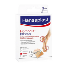 Das Hansaplast Hornhaut-Pflaster mit Salicylsäure (3 Stück) von Beiersdorf AG kommt in weißer Verpackung mit Fuß-, Pflaster- und Scherenbild sowie deutscher Info zur effektiven Hornhautentfernung.