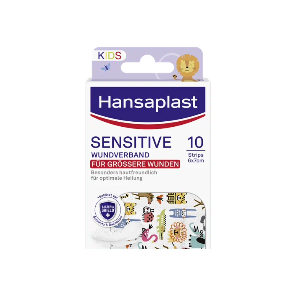 Opakowanie z Beiersdorf AG Hansaplast Sensitive Kids opatrunkiem na rany, 6 x 7 cm | Opakowanie (10 sztuk), składające się z 10 pasków po 6x7 cm. Opakowanie przedstawia ilustrację lwa i podkreśla, że plaster jest przyjaznym dla skóry opatrunkiem na rany i zapewnia optymalne gojenie się w przypadku wrażliwej skóry.
