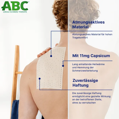Osoba z kręconymi włosami jest przedstawiona od tyłu, jak nakłada Hansaplast ABC® Plaster Rozgrzewający Capsicum na swoje ramię, aby złagodzić ból mięśni. Obraz zawiera niemiecki tekst opisujący cechy produktu, takie jak oddychający materiał, zawartość 11 mg Capsicum i niezawodne przyleganie. Ten produkt pochodzi od Beiersdorf AG i jest dostarczany w dwupaku.