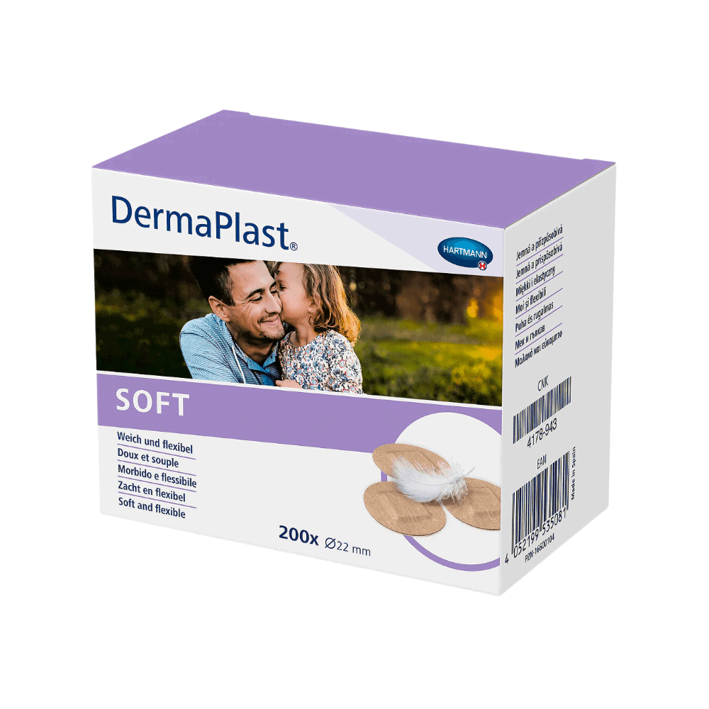 Pudełko plastrów Hartmann DermaPlast® SOFT z 200 sztukami, każdy o szerokości 22 mm, przeznaczonych do wrażliwej skóry. Opakowanie jest ozdobione parą zakochanych i tekstem wskazującym na Paul Hartmann AG.