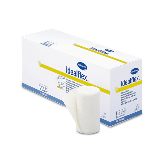 Pudełko zawierające lekkie, uniwersalne bandaże Idealflex® firmy Paul Hartmann AG, z których jedna rolka jest częściowo rozpakowana z przodu, co podkreśla fakturę i kształt produktu. Opakowanie jest biało-niebieskie i zawiera tekst oraz informacje o marce.