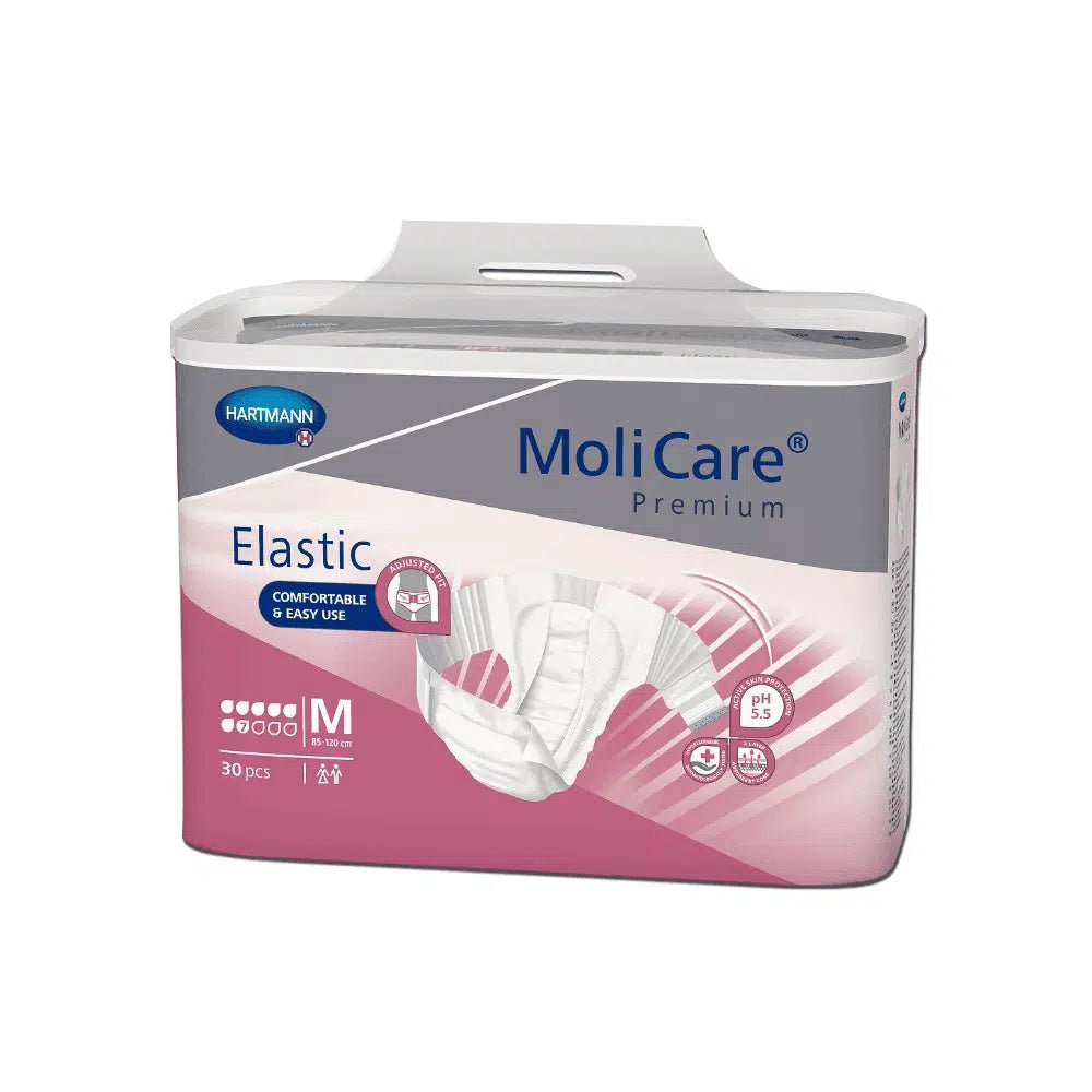 Opakowanie pieluch dla dorosłych Hartmann MoliCare® Premium Elastic w rozmiarze średnim, zawierające 30 sztuk, zapewniające komfort noszenia i wyposażone w funkcje ułatwiające użytkowanie. Opakowanie jest biało-różowe i opatrzone zdjęciem produktu.