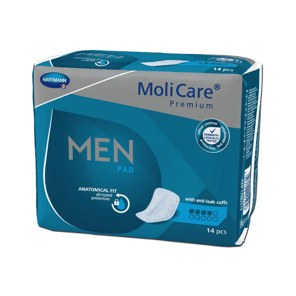 Opakowanie wkładek Hartmann MoliCare® Premium MEN PAD - 14 sztuk, zawiera 14 sztuk. Pudełko jest niebiesko-białe i podkreśla anatomiczne dopasowanie z optymalizowanymi dla pęcherza antywyciekowymi mankietami.