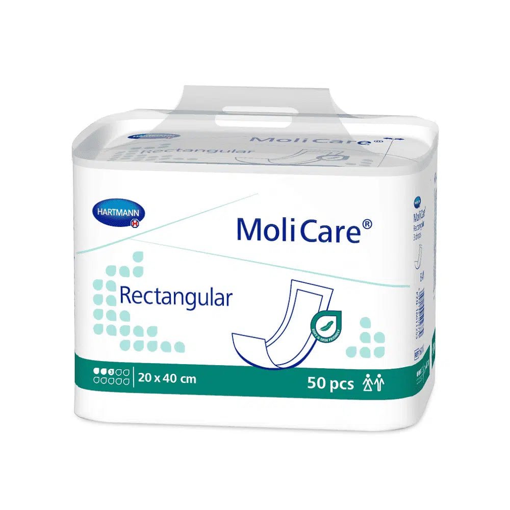 Opakowanie MoliCare® firmy Paul Hartmann AG prezentuje prostokątne wkładki inkontynencyjne z logo Hartmann. Opakowanie zawiera 50 sztuk w formacie 20 x 40 cm i jest ozdobione ilustracją podpaski w odcieniach niebieskiego i zielonego.