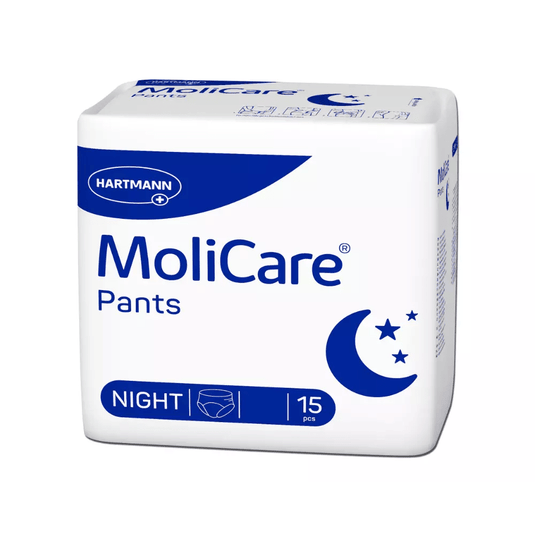 Spodnie na nietrzymanie moczu Hartmann MoliCare Pants Night firmy Paul Hartmann AG są dostępne w dyskretnym biało-niebieskim opakowaniu z motywami półksiężyców i gwiazd oraz z wyraźnym napisem „Night”. Są one przeznaczone do stosowania w przypadku nietrzymania moczu, zapewniają dyskretną ochronę, a każde opakowanie zawiera 15 sztuk.