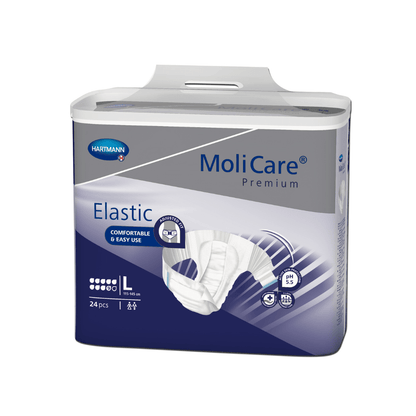 Niebiesko-białe opakowanie pieluch dla dorosłych Hartmann MoliCare® Premium Elastic w rozmiarze L, wyprodukowane przez firmę Paul Hartmann AG, zawierające 24 sztuki, w którym na pierwszym planie znajdują się komfort i łatwość użytkowania.