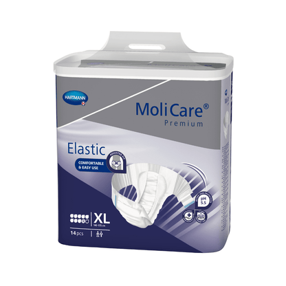Zdjęcie produktu przedstawiające opakowanie pieluch dla dorosłych Hartmann MoliCare® Premium Elastic firmy Paul Hartmann AG, rozmiar XL, zawierające 14 sztuk w opakowaniu. Na opakowaniu podkreślono komfort noszenia oraz właściwości sprzyjające zdrowiu skóry.