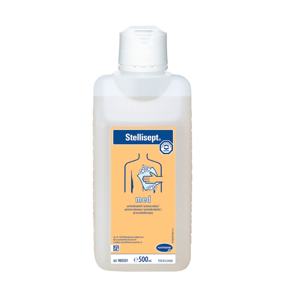 Butelka Hartmann Stellisept® med antybakteryjnego płynu do mycia z niebiesko-żółtą etykietą, która podkreśla właściwości antybakteryjne, oraz symbolami pokazującymi mycie rąk. Butelka zawiera 500 ml. Nazwa marki: Paul Hartmann AG