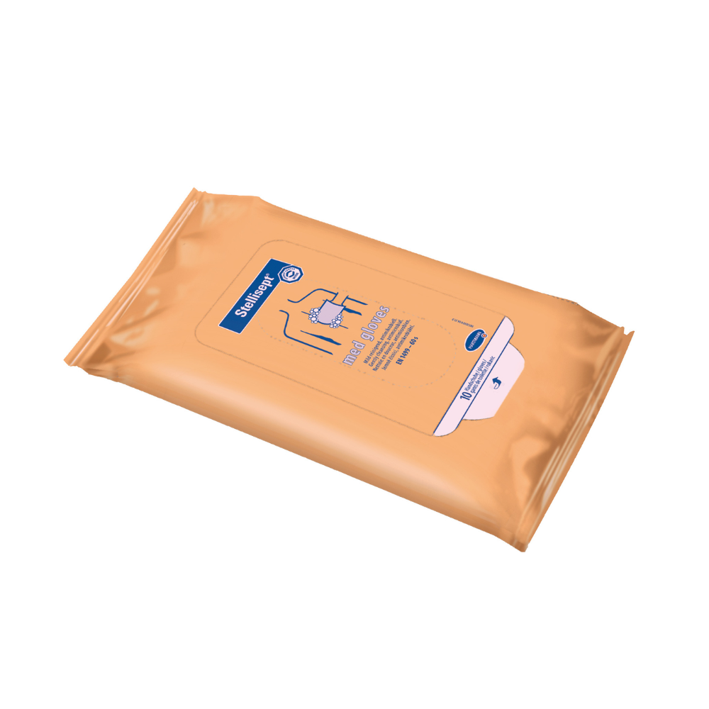 Opakowanie rękawiczek do mycia Paul Hartmann AG Hartmann Stellisept® med, rękawiczki do mycia | Opakowanie (10 sztuk) do pielęgnacyjnego antybakteryjnego mycia całego ciała. Zamykane na nowo pomarańczowe opakowanie posiada niebieski tekst i ilustracje, w tym obrazek wycieranych rąk.