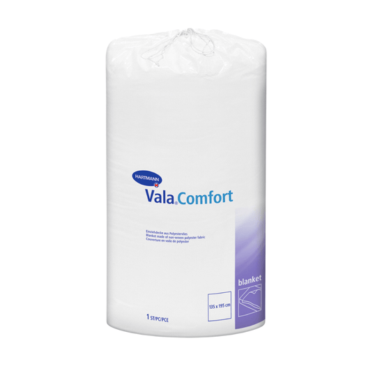 Zapieczętowana biała rolka kołder Hartmann Vala®Comfort firmy Paul Hartmann AG, przedstawiona na białym tle. Na etykiecie podano szczegóły dotyczące produktu oraz wymiary (155 x 210 cm).