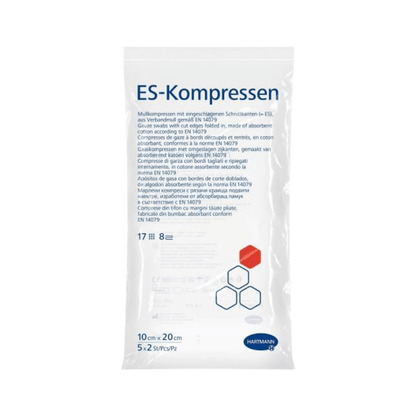 Opakowanie Paul Hartmann AG Hartmann ES-Kompressen, 8-warstwowe, sterylne - 5 x 2 sztuki do opatrunku ran, wymiary 10 cm x 20 cm. Opakowanie jest białe z niebieskim i czerwonym tekstem oraz przezroczystym okienkiem, które pokazuje zawartość. Zawiera 8 kompresów z gazy, 17-warstwowe, o wysokiej chłonności i niskiej pylącej się strukturze.