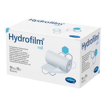 Zdjęcie produktu pudełka z rolką Hartmann Hydrofilm® firmy Paul Hartmann AG, przezroczysta taśma klejąca, z detalami opakowania i ilustracjami rolki taśmy oraz symbolami użycia.