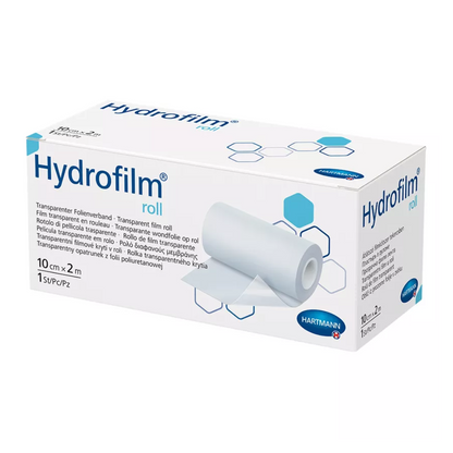 Zdjęcie opakowania produktu Hartmann, Hartmann Hydrofilm® roll przezroczysty opatrunek foliowy firmy Paul Hartmann AG. Opakowanie zawiera opisy w różnych językach i pokazuje zdjęcie rolki foliowej.