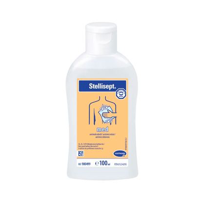 Butelka Hartmann Stellisept® med antybakteryjnego płynu do mycia z niebiesko-pomarańczową etykietą, na której widoczne są symbole i tekst, w tym ręka i kropla, jako wskazówka dotycząca zastosowania.