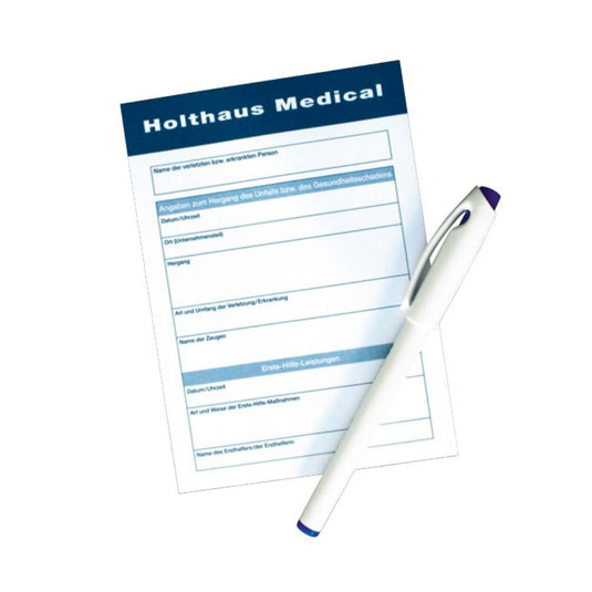 Formularz zgłoszeniowy firmy Holthaus Medical GmbH & Co. KG zawiera sekcje niezbędne do precyzyjnej dokumentacji, dotyczące danych osobowych oraz zdarzeń medycznych. Na formularzu widnieje pióro na prostym białym tle.