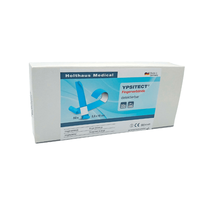 Pudełko Holthaus Ypsitect® opatrunki na palce wykrywalne opatrunki na palce firmy Holthaus Medical GmbH & Co. KG, zawiera 50 elastycznych opatrunków na palce o wymiarach 2,5 x 18 cm. Opakowanie jest zaprojektowane na białym tle z niebieskimi i szarymi elementami graficznymi oraz informacyjnym tekstem, w tym „Made in Germany”. Idealne do niezawodnej pielęgnacji ran.