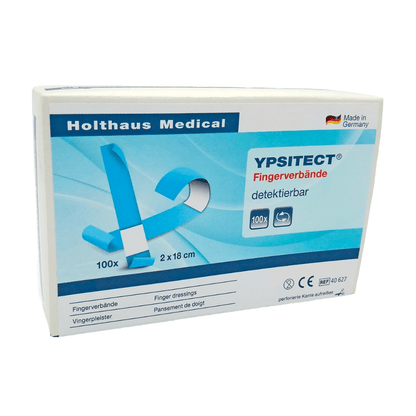 Pudełko Holthaus Ypsitect® opatrunki na palce wykrywalne plastry firmy Holthaus Medical GmbH & Co. KG. Głównie niebiesko-białe pudełko zawiera 100 elastycznych opatrunków na palce o wymiarach 2 x 18 cm. Opakowanie jest idealne do pielęgnacji ran i z dumą wskazuje, że produkt został wyprodukowany w Niemczech.