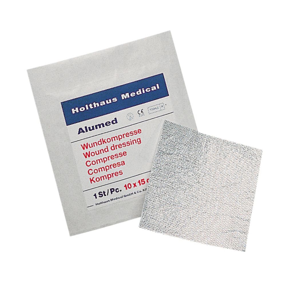 Paczka Holthaus Medical Alumed® Wundkompresse firmy Holthaus Medical GmbH & Co. KG przedstawia opatrunek z siatką aluminiową w kilku językach. Ma wymiary 10 x 10 cm i zawiera jedną sterylną sztukę (1 sztuka).