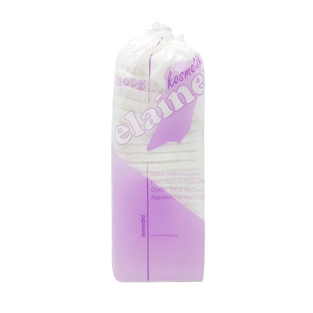 Holthaus Medical Elaine Kosmetikwatte Viskose Zickzack | Packung (1 Stück) von Holthaus Medical GmbH & Co. KG ist ideal für Ihre Hautpflege-Routine und zeichnet sich durch eine sichtbare Fasertextur in einer aufrechten Packung mit violettem Etikett vor weißem Hintergrund aus.