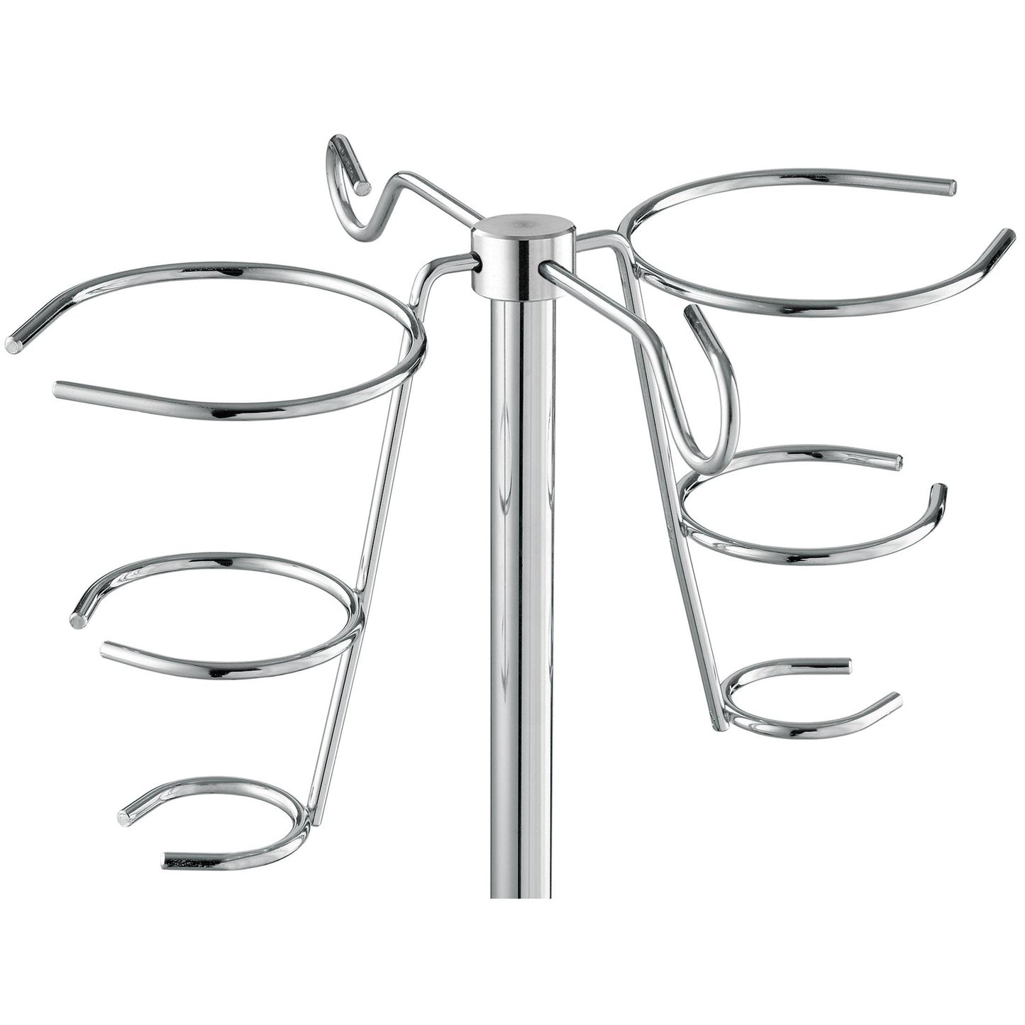 Zbliżenie uchwytu na butelki infuzyjne Novocal do stojaków infuzyjnych ze stali nierdzewnej (dla rury okrągłej 18 mm, 2 uchwyty, 1 sztuka) z chromowanymi uchwytami drucianymi, które odchodzą od centralnego pręta na butelki lub słoiki.