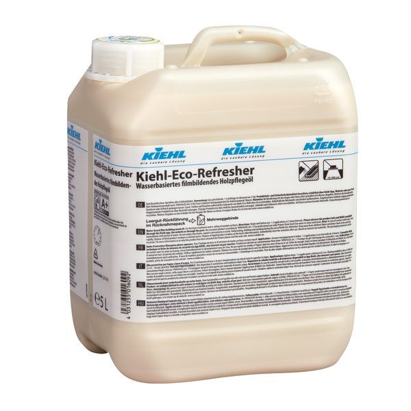 5-litrowy plastikowy pojemnik Johannes Kiehl KG Kiehl-Eco-Refresher, olej do pielęgnacji drewna na bazie wody, tworzący film, do podłóg, z uchwytem, zakrętką i instrukcją w języku niemieckim; karton zawiera 2 butelki.