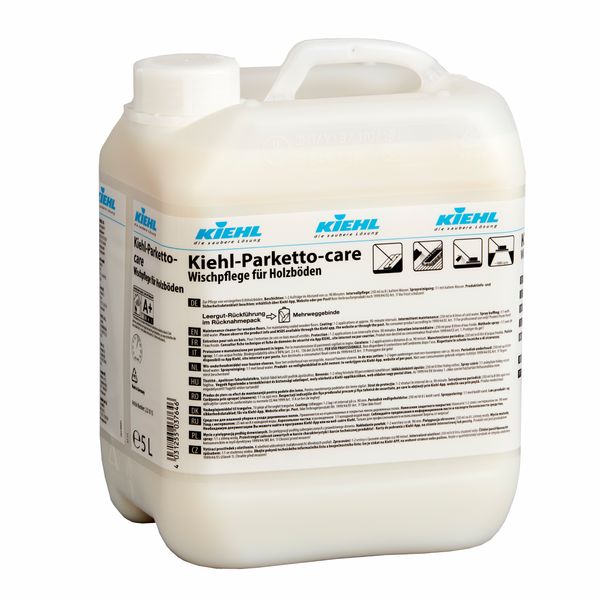 Plastikowy pojemnik o pojemności 5 litrów Kiehl Parketto-care Samopołyskowa dyspersja pielęgnacyjna do podłóg drewnianych Johannes Kiehl KG z niemieckimi etykietami i piktogramami z przodu, przedstawiającymi instrukcje użytkowania.
