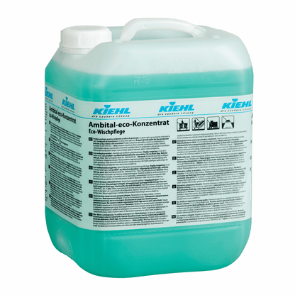 Duży plastikowy pojemnik Kiehl Ambital-eco-Konzentrat Eco-Wischpflege firmy Johannes Kiehl KG jest wypełniony turkusowym płynem i ma na etykiecie informacje o produkcie i jego zastosowaniu. Jest to przyjazny dla środowiska koncentrat czyszczący.