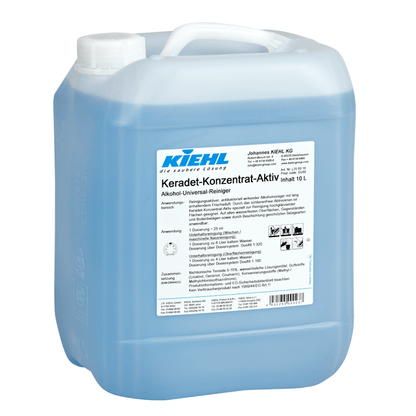 Przezroczysty plastikowy pojemnik o pojemności 10 litrów z uchwytem i zakrętką, wypełniony niebieskim płynem. Etykieta: "Kiehl Keradet-Konzentrat-Aktiv Alkohol-Universal-Reiniger" firmy Johannes Kiehl KG, do czyszczenia bez smug, z instrukcjami i symbolami bezpieczeństwa.