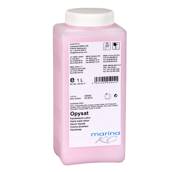 Pionowo stoi prostokątna różowa plastikowa butelka z napisem "Kiehl Opysat Lotion do mycia rąk" firmy Johannes Kiehl KG. Mydło do rąk o pojemności 1 litra, neutralne pod względem pH, jest idealne do delikatnego mycia rąk, z instrukcjami użycia i szczegółami na etykiecie.