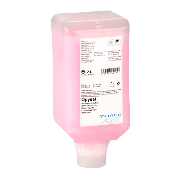 Prostokątna butelka dozująca o pojemności 2 litrów z Kiehl Opysat Lotion do mycia rąk firmy Johannes Kiehl KG, wypełniona różowym, neutralnym pod względem pH środkiem do mycia rąk, opisana szczegółami produktu i wielojęzyczną instrukcją pielęgnacji rąk.