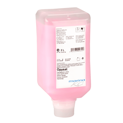 Prostokątna butelka dozująca o pojemności 2 litrów z Kiehl Opysat Lotion do mycia rąk firmy Johannes Kiehl KG, wypełniona różowym, neutralnym pod względem pH środkiem do mycia rąk, opisana szczegółami produktu i wielojęzyczną instrukcją pielęgnacji rąk.