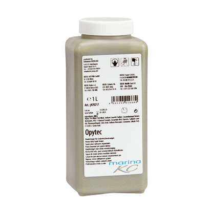 Prostokątna 1-litrowa plastikowa butelka z nakrętką, która zawiera mydło do rąk Kiehl Opytec na grube zabrudzenia od Johannes Kiehl KG. Etykieta z przodu zawiera szczegóły produktu, instrukcje i informacje o producencie w kilku językach.