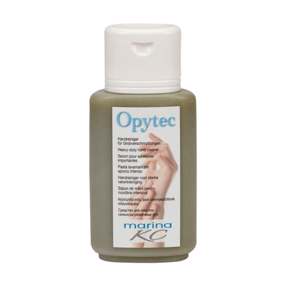 Plastikowa butelka Johannes Kiehl KG z białą nakrętką i napisem Kiehl Opytec Handreiniger für Grobverschmutzungen" ma wielojęzyczną etykietę marina KC" na jasnym tle.